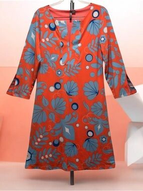Beachy Coral Blue Floral Sz L Shift Dress Stretch 3/4 Sleeve Boho Resort Tunic